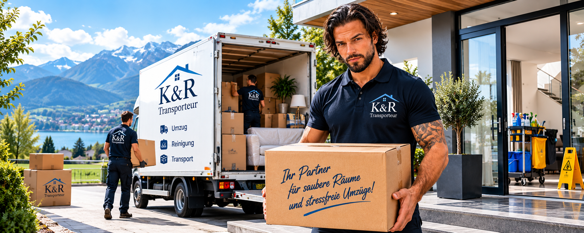 Mitarbeiter von K&R Transporteur trägt einen Umzugskarton vor dem K&R-Transporter